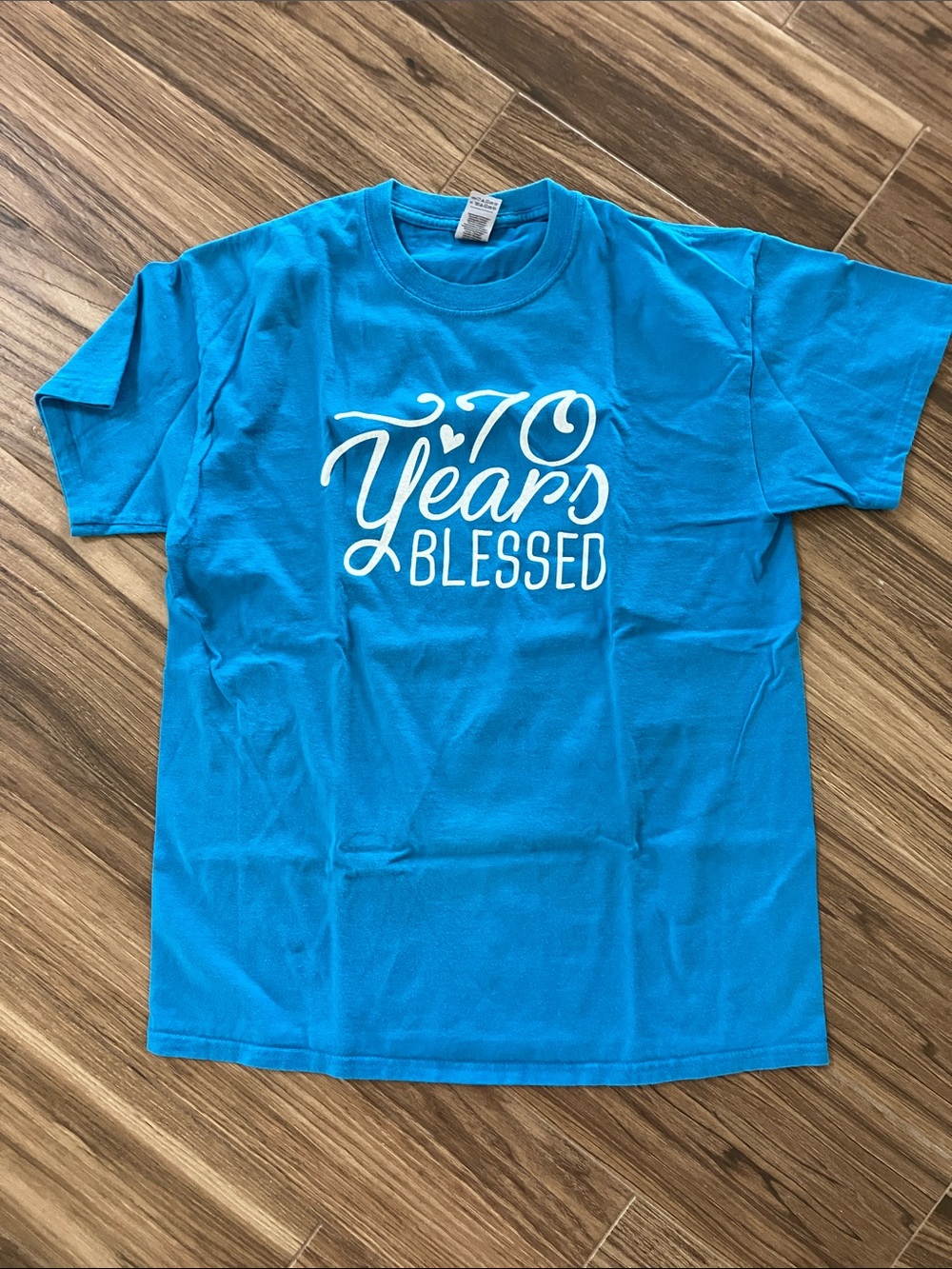 Gildan Bright Turquoise Blue "70 Years Blessed" Short Sleeve Tee